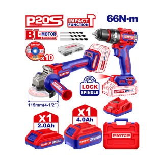 191 FE191 EMTOP KIT TALADRO PERCUTOR 1/2" Y ESMERILADORA 4-1/2" INALAMBRICOS ULCKL20273 INCLUYE CARGADOR Y 2 BATERIAS 20V - Imagen 1