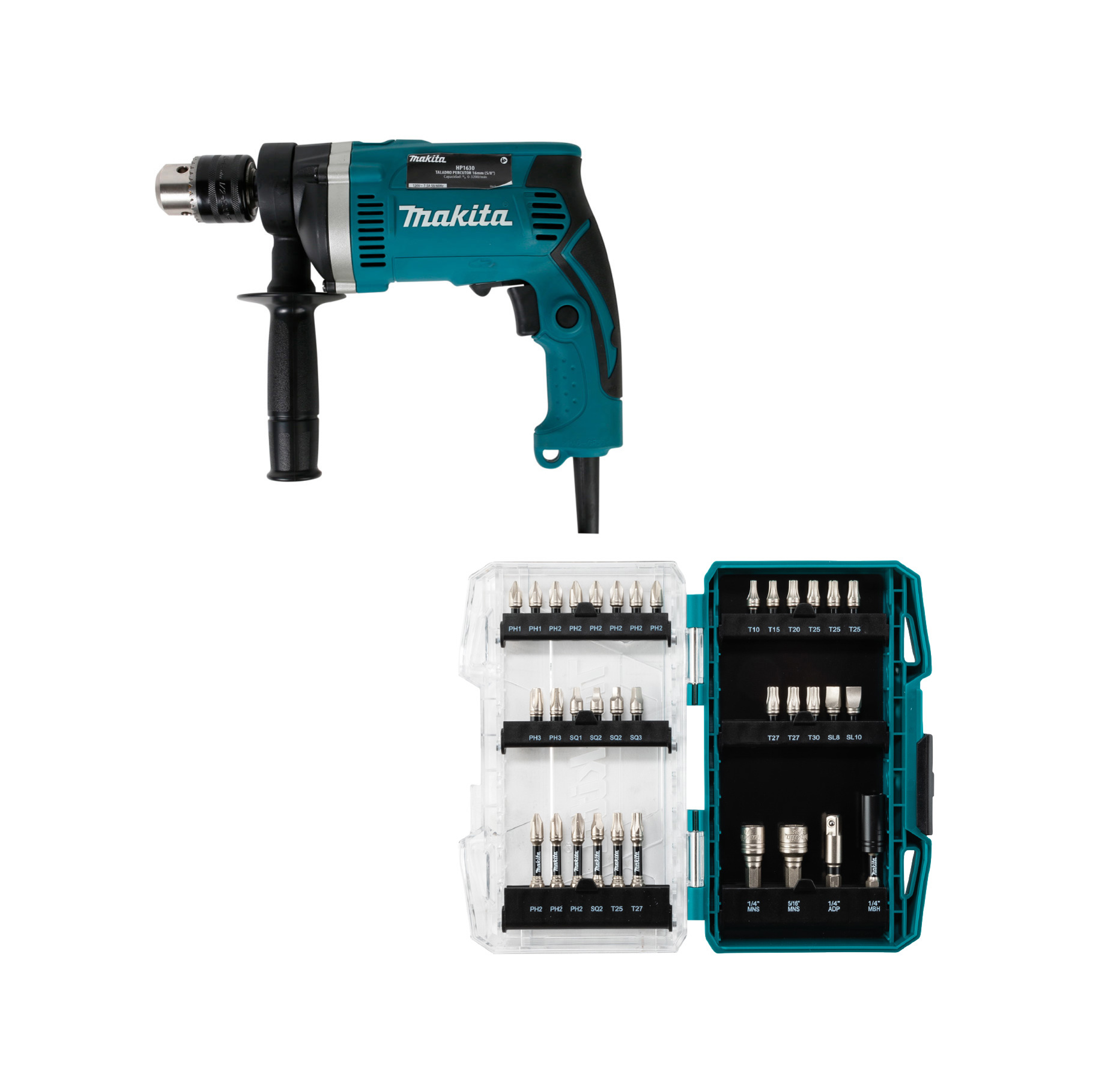 Taladro Makita HP1630 percutor con juego de puntas Impact XPS Taladro Makita HP1630 percutor con juego de puntas Impact XPS