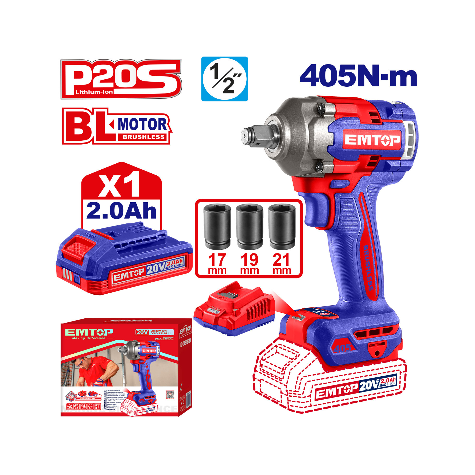 Llave de impacto inalambrica EMTOP 20V 1/2 con batería y cargador Llave de impacto inalambrica EMTOP 20V 1/2 con batería y cargador