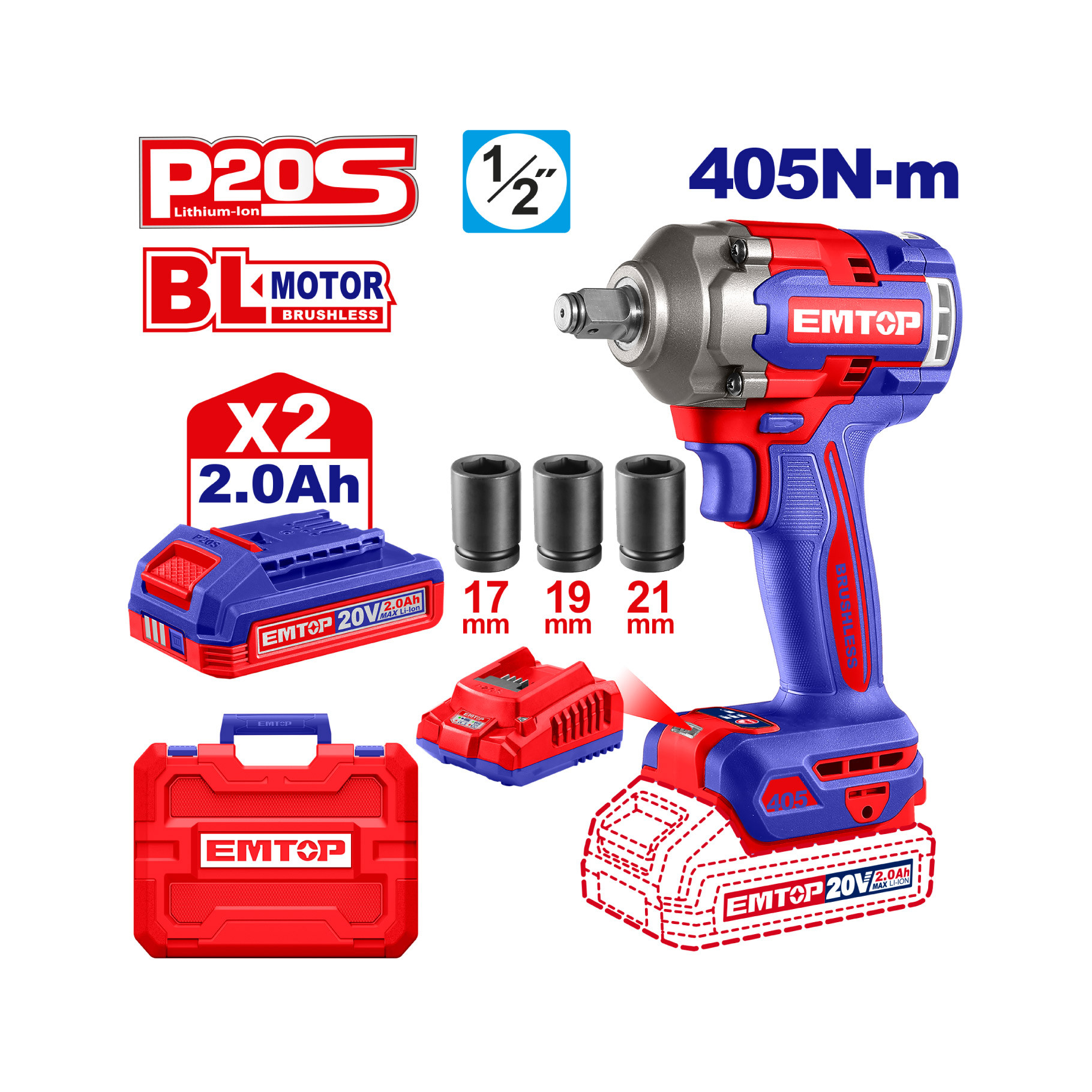 Llave de impacto inalambrica EMTOP 1/2'' 20V con 2 baterías, cargador y maletín Llave de impacto inalambrica EMTOP 1/2'' 20V con 2 baterías, cargador y maletín
