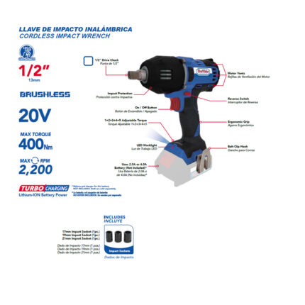 Llave de impacto inalámbrica 20V 1/2 con 3 sockets