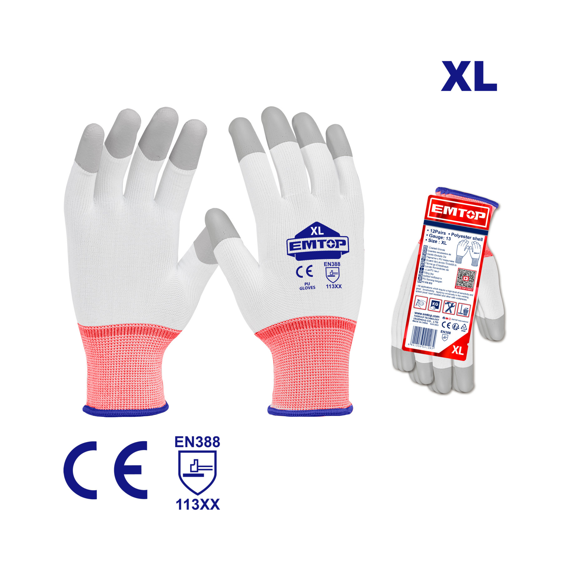 Guantes de trabajo EMTOP con recubrimiento de poliuretano en dedos, talla XL Guantes de trabajo EMTOP con recubrimiento de poliuretano en dedos, talla XL