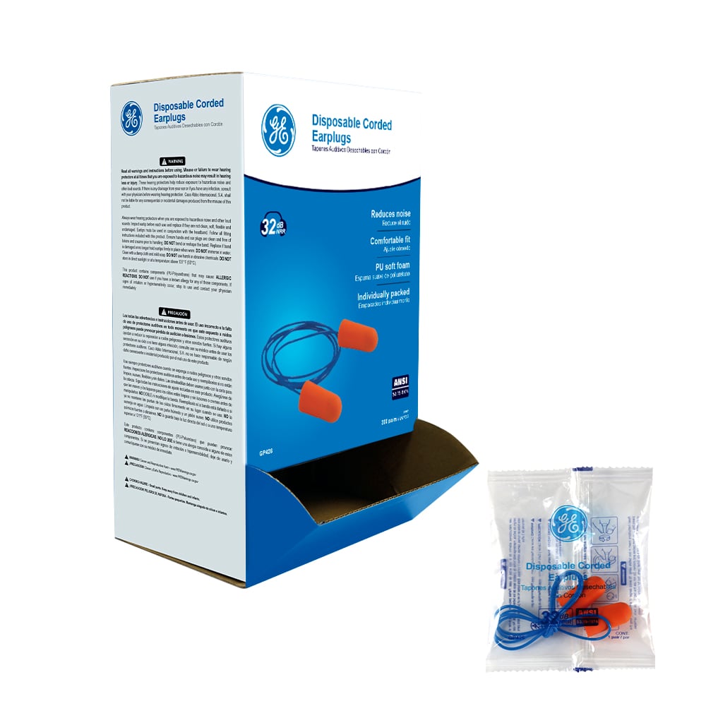 GP426.jpg GE Protección Tapones auditivos con cordón 100 pares GP426 para salud ocupacional