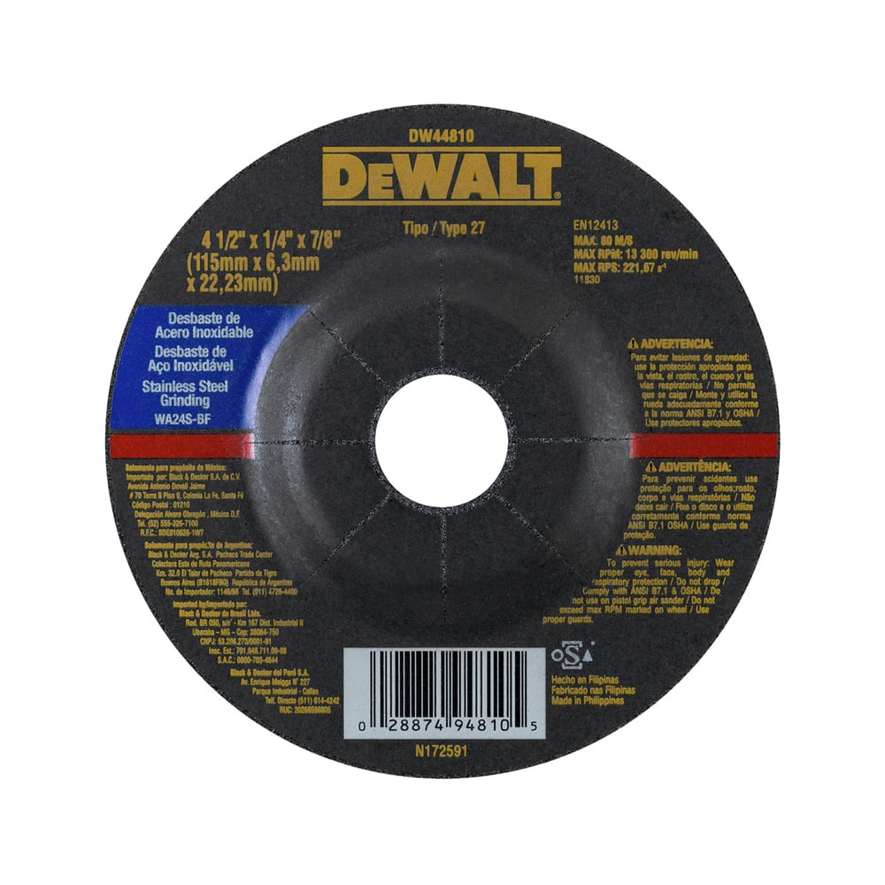 N_DW44810.jpg Disco de desbaste 4-1/2 x 1/4 x 7/8 DEWALT DW44810
