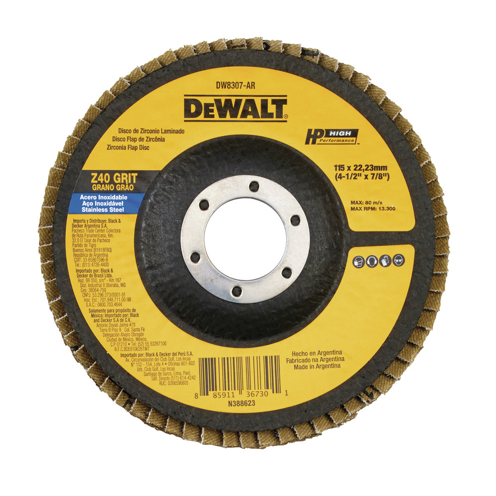 N_DW8307-AR.jpg Disco flap zirconio 4-1/2 40 x 7/8 DEWALT DW8307-BR