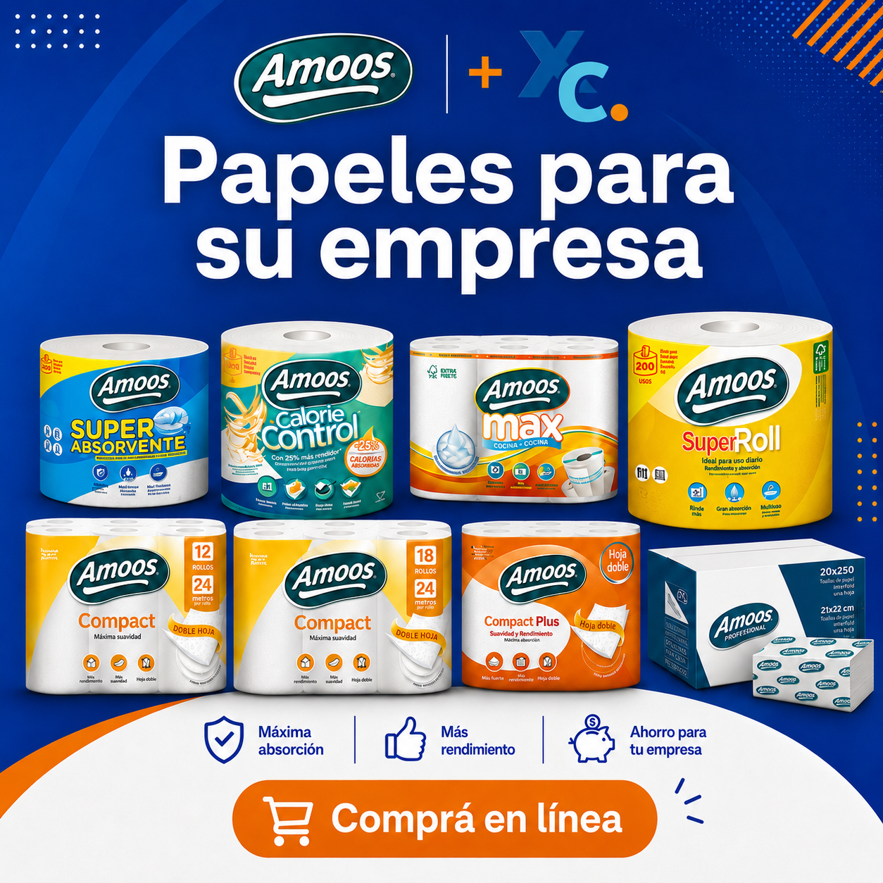 Papeles Amoos para empresas: papel higiénico, toallas de cocina y toallas interfoliadas, distribuidos por Xtreme Clean en Costa Rica