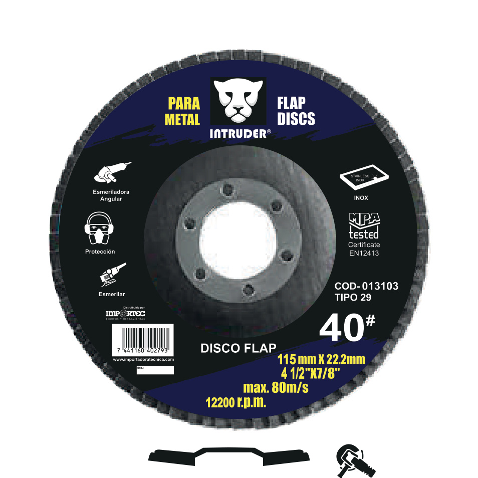Disco flap de zirconio grano 40 INTRUDER 4 1/2, abrasivo Disco flap de zirconio grano 40 INTRUDER 4 1/2, abrasivo