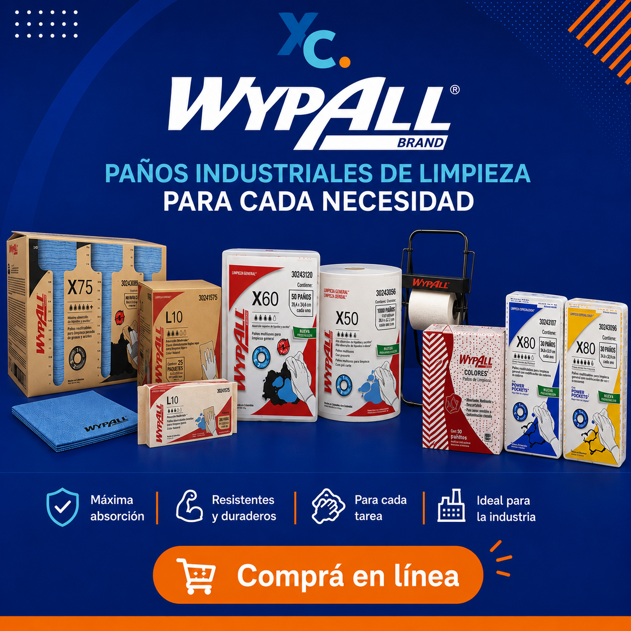 Paños industriales WypAll X50, X60, X75, X80 y L10 para limpieza industrial en Costa Rica