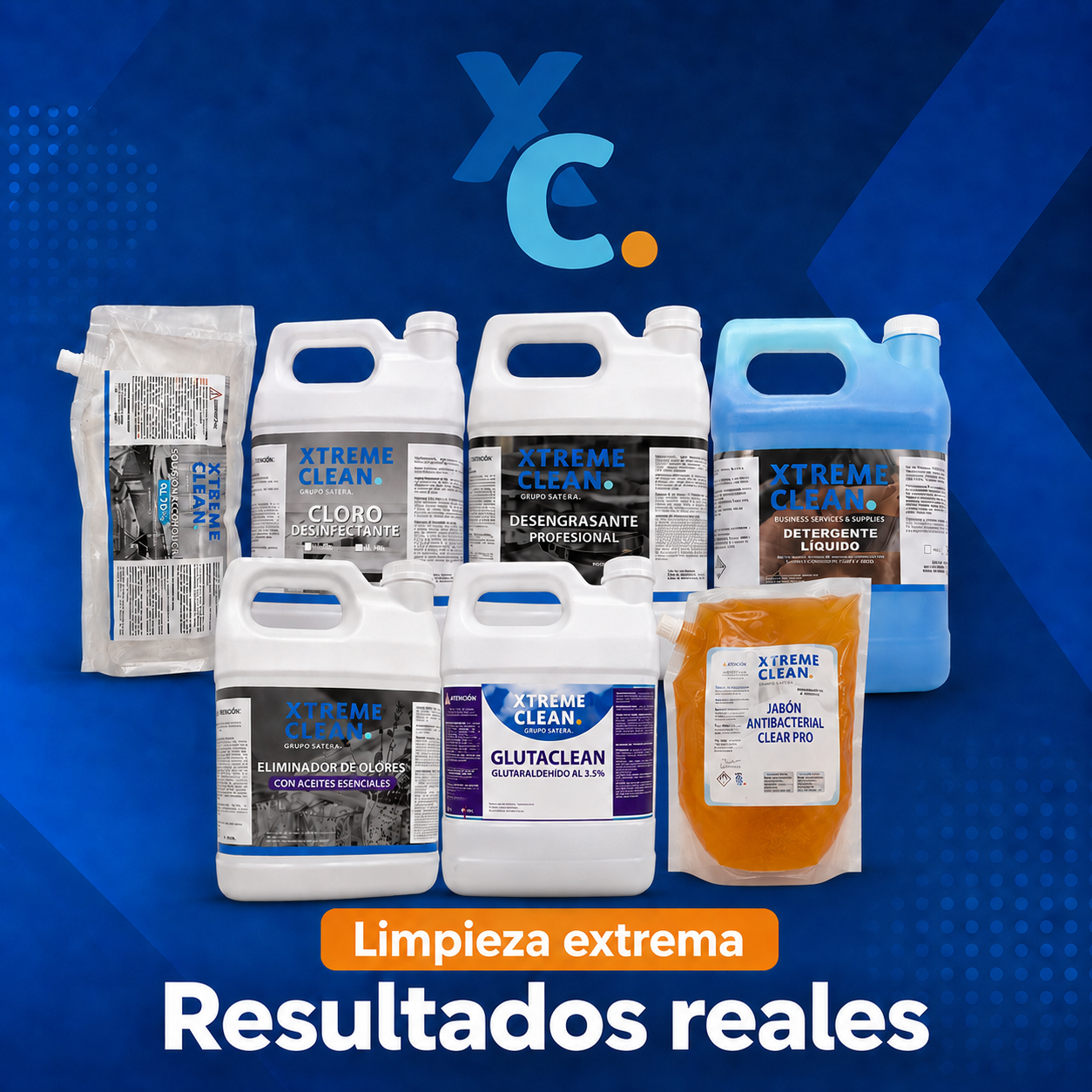 Línea Xtreme Clean: cloro desinfectante, desengrasante profesional, detergente líquido, eliminador de olores, Glutaclean y jabón antibacterial