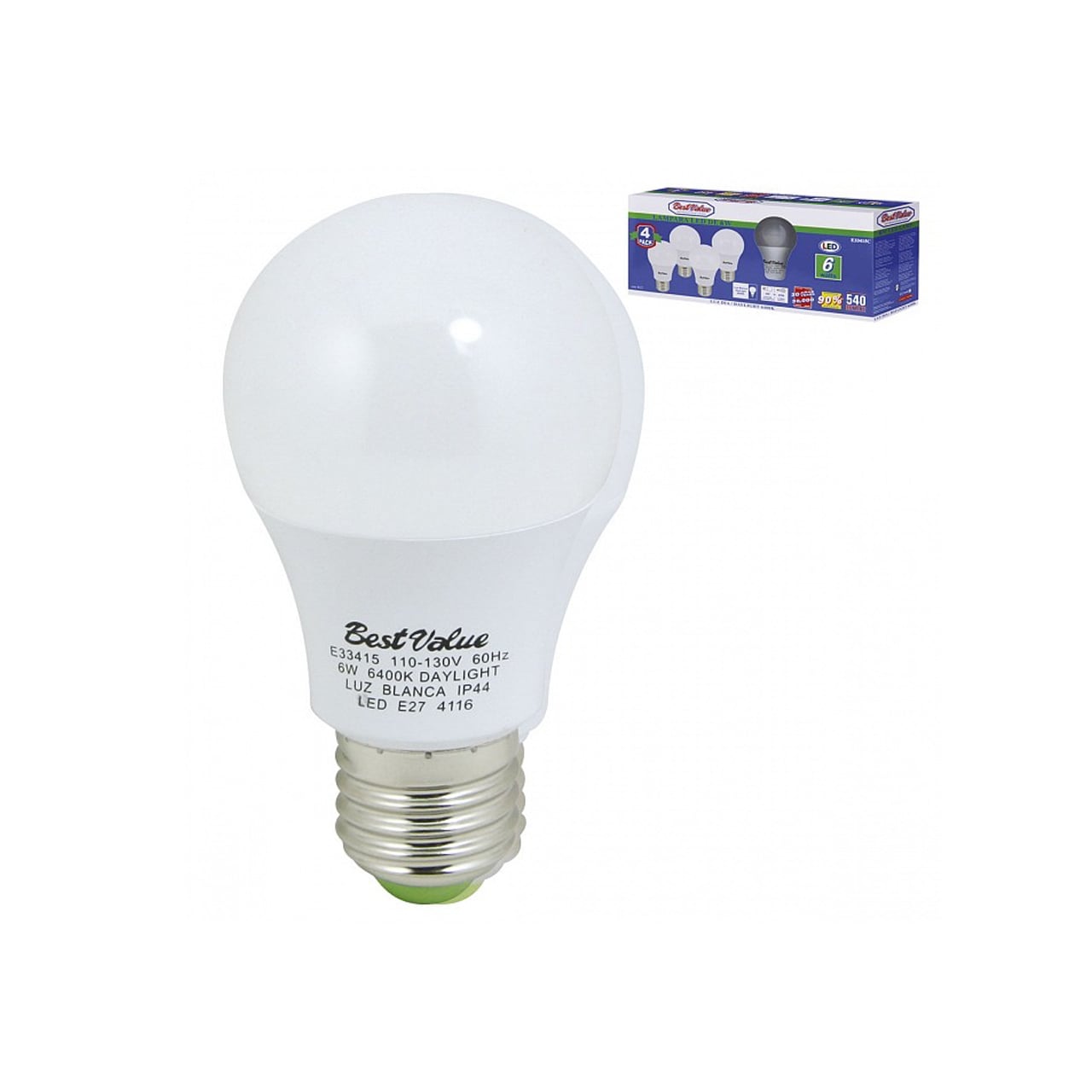N_E33415C.jpg Bombillos LED Best Value E27, 6 W, 6400 K, paquete de 4