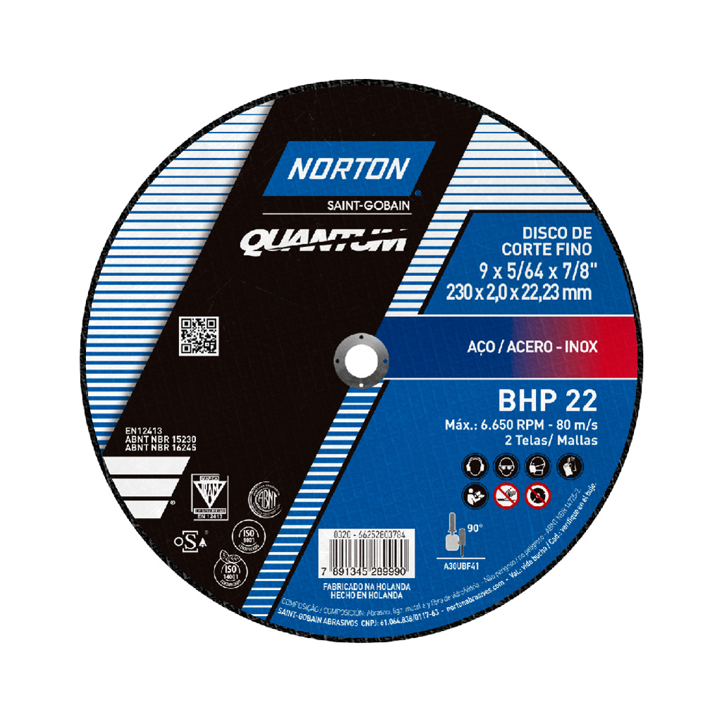 Disco de corte Norton Quantum BHP22 T41 de 9 pulgadas Disco de corte Norton Quantum BHP22 T41 de 9 pulgadas