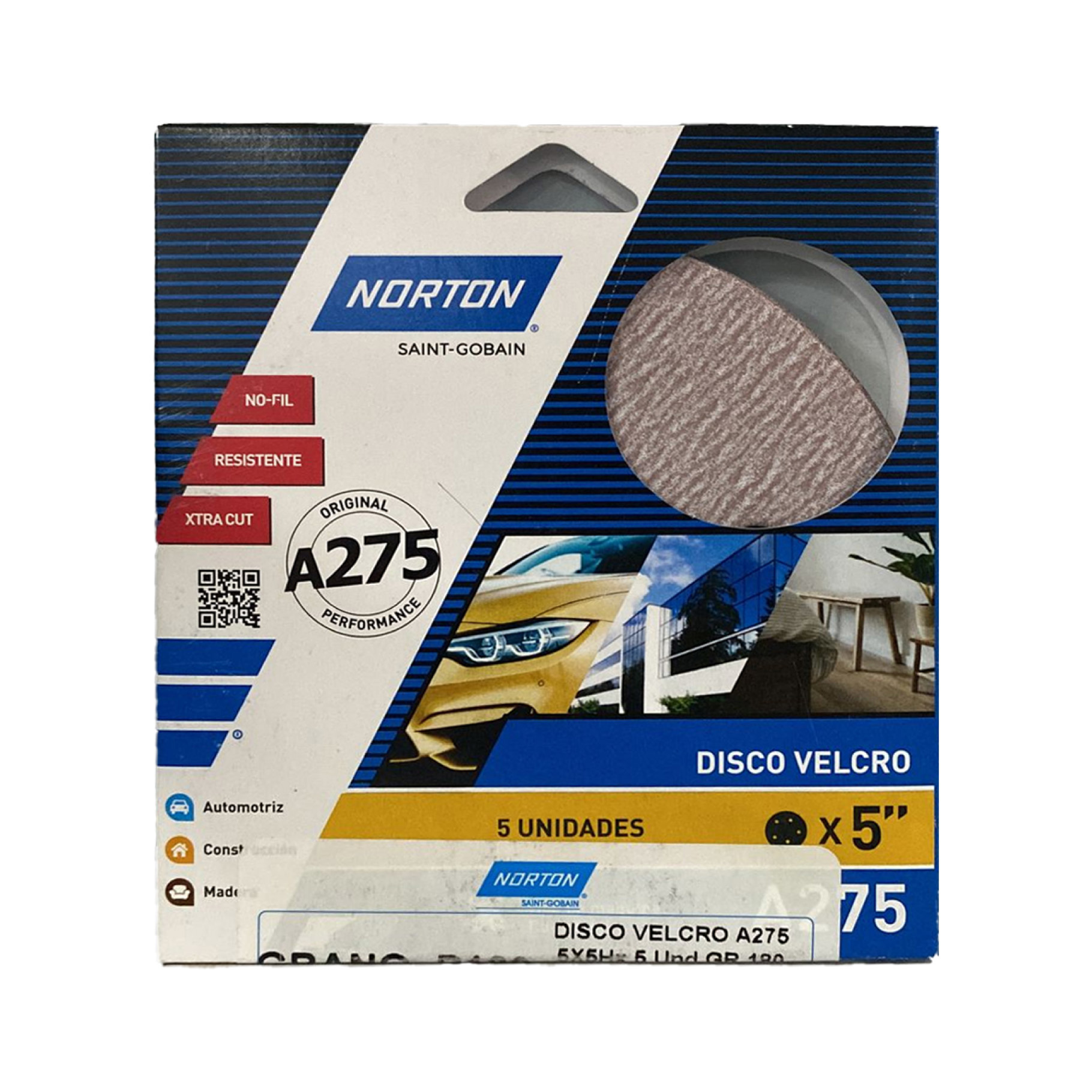 Set de 5 discos lija Norton A275 con velcro, 5 huecos, grano 80 de 5 pulgadas Set de 5 discos lija Norton A275 con velcro, 5 huecos, grano 80 de 5 pulgadas